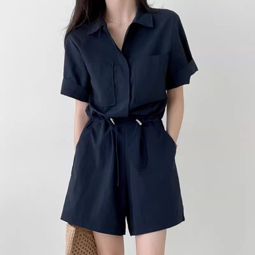 香港藏青色連身短褲女外穿夏季2025新款巨好看收腰濶腿連體衣套裝