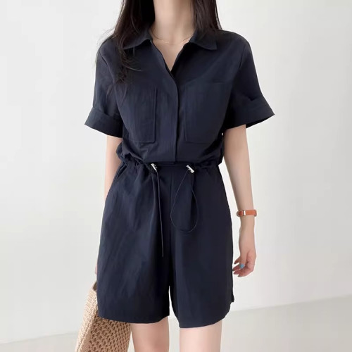 香港藏青色連身短褲女外穿夏季2025新款巨好看收腰濶腿連體衣套裝