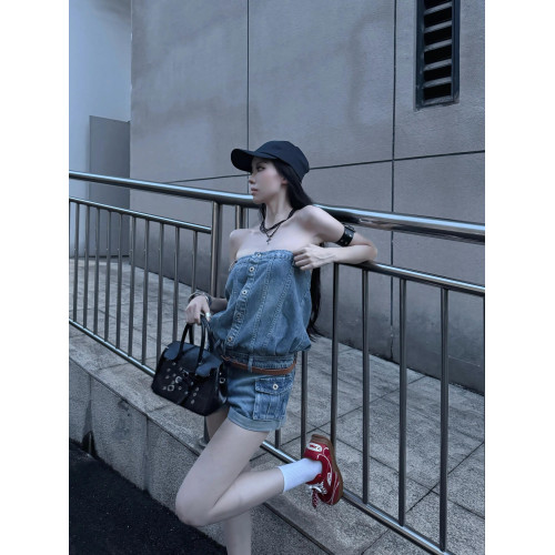 Do vis 美式復古牛仔抹胸連體衣女辣妹性感修身顯瘦短褲