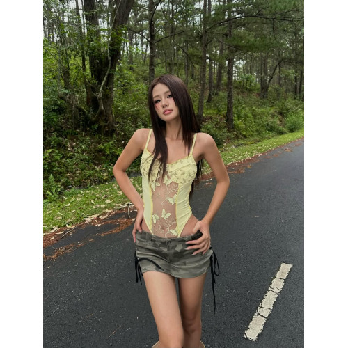 歐美辣妹風蝴蝶印花蕾絲吊帶連體衣女夏性感純欲收腰透視無袖上衣