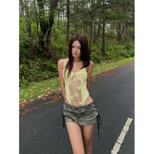 歐美辣妹風蝴蝶印花蕾絲吊帶連體衣女夏性感純欲收腰透視無袖上衣