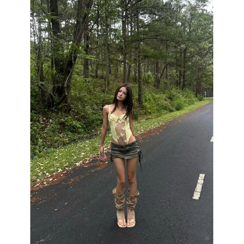 歐美辣妹風蝴蝶印花蕾絲吊帶連體衣女夏性感純欲收腰透視無袖上衣
