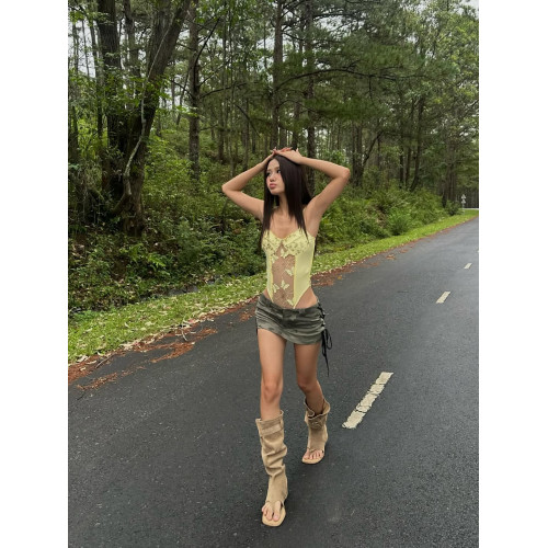 歐美辣妹風蝴蝶印花蕾絲吊帶連體衣女夏性感純欲收腰透視無袖上衣