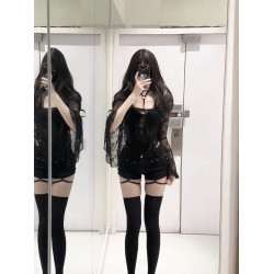 辣妹性感黑色喇叭袖蕾絲連體衣夏季純欲風顯身材包臀短褲兩件套女