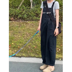 春夏日系休閒工裝口袋背帶褲直筒長褲女寬松減齡顯瘦濶腿連體衣褲