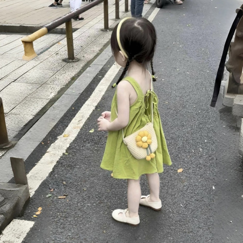 韓系女童連衣裙夏季洋氣兒童時髦棉背心裙女寶寶小清新綠色裙子