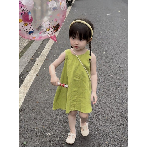 韓系女童連衣裙夏季洋氣兒童時髦棉背心裙女寶寶小清新綠色裙子