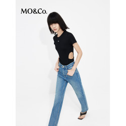 MOCO肌理感連體衣短袖圓領正肩T恤設計感鏤空露腰修身上衣上裝