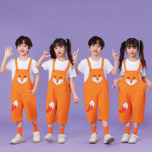 夏季兒童演出服可愛狐狸親子裝棉背帶短褲幼兒園啦啦隊六一表演服