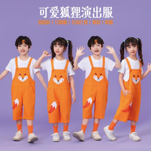 夏季兒童演出服可愛狐狸親子裝棉背帶短褲幼兒園啦啦隊六一表演服