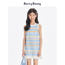 BarryBanny女童海洋連衣裙2025夏季條紋裙子兒童無袖度假背心裙