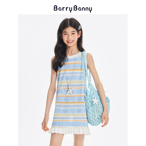 BarryBanny女童海洋連衣裙2025夏季條紋裙子兒童無袖度假背心裙
