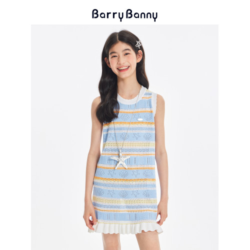 BarryBanny女童海洋連衣裙2025夏季條紋裙子兒童無袖度假背心裙