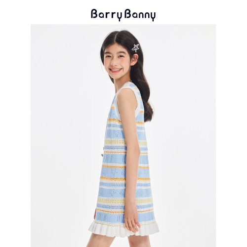 BarryBanny女童海洋連衣裙2025夏季條紋裙子兒童無袖度假背心裙