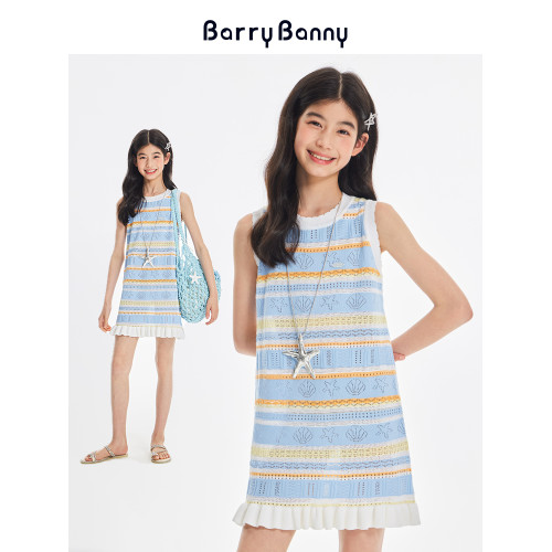 BarryBanny女童海洋連衣裙2025夏季條紋裙子兒童無袖度假背心裙