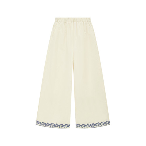 ELLEkids童裝 撞色綉花濶腿九分褲女童夏季新款度假休閒寬松褲子