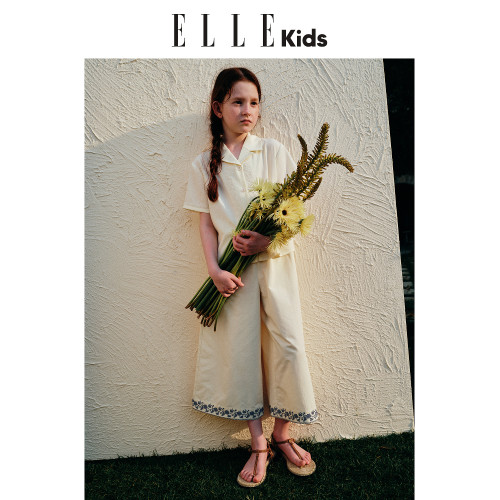 ELLEkids童裝 撞色綉花濶腿九分褲女童夏季新款度假休閒寬松褲子
