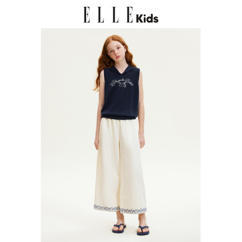 ELLEkids童裝 撞色綉花濶腿九分褲女童夏季新款度假休閒寬松褲子
