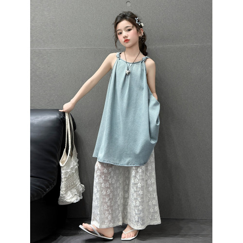 女童連衣裙2025新款夏季兒童洋氣夏裝吊帶裙大童女孩牛仔套裝裙子