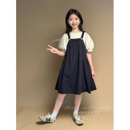 女童泡泡袖上衣背帶裙套裝夏季薄款韓系2025新款洋氣純棉連衣裙潮