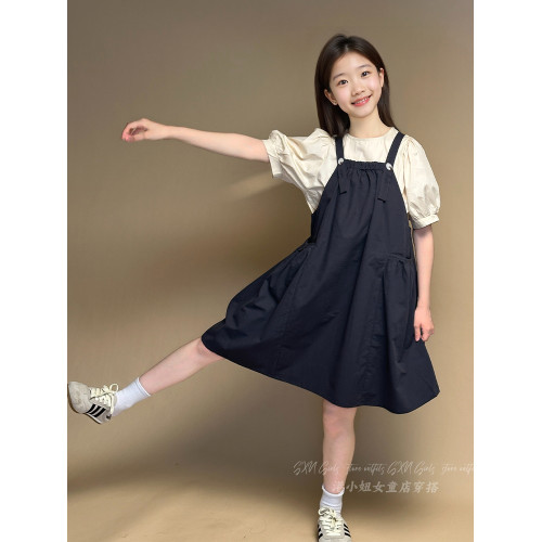 女童泡泡袖上衣背帶裙套裝夏季薄款韓系2025新款洋氣純棉連衣裙潮