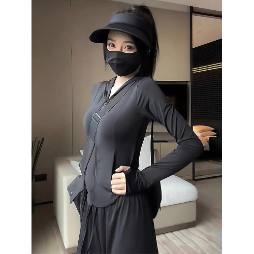 黑色冰絲防曬衣女夏薄款戶外速乾輕薄防曬服防紫外線連帽外套上衣