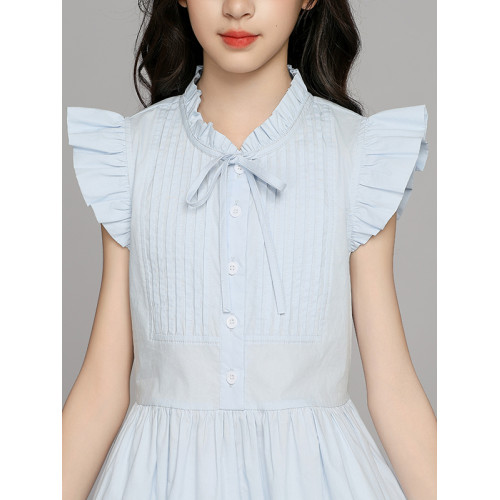 女童夏季裙子2025新款初中生甜美飛袖連衣裙大童女孩法式收腰長裙