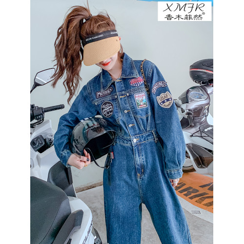 牛仔連體褲女2025春新款寬松學院風連體衣氣質高腰直筒長褲潮