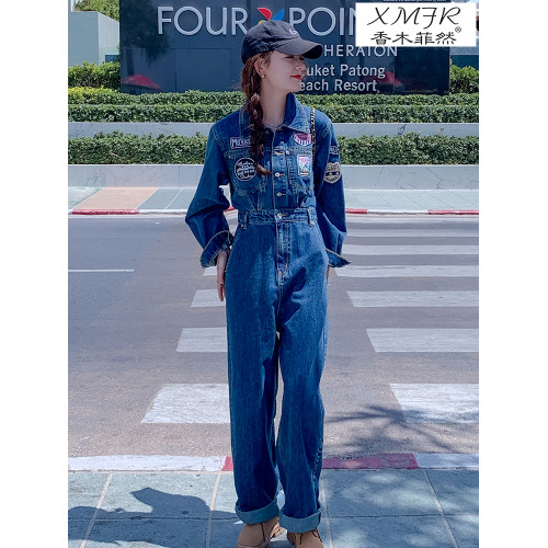 牛仔連體褲女2025春新款寬松學院風連體衣氣質高腰直筒長褲潮