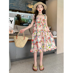 女童吊帶裙夏季2025新款洋氣兒童度假碎花沙灘裙女大童夏裝連衣裙