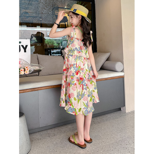 女童吊帶裙夏季2025新款洋氣兒童度假碎花沙灘裙女大童夏裝連衣裙