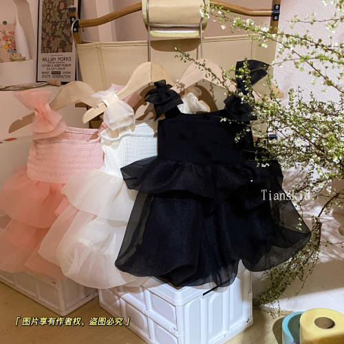 泡泡家 2024韓國童裝洋氣女童氣質蝴蝶結吊帶裙網紗裙蓬蓬蛋糕裙