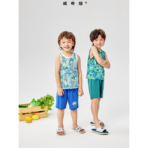 威奇貓男童女童兒童夏季背心短褲套裝家居服套裝莫代爾親子裝