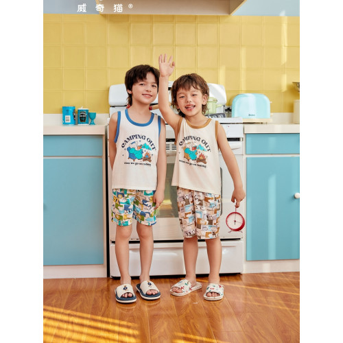 威奇貓男童女童兒童夏季背心短褲套裝家居服套裝莫代爾親子裝