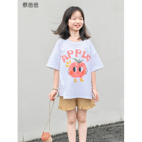 蔡爸爸童裝 短袖夏裝白色T恤 女童少女純棉卡通西紅柿上衣337+176