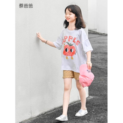 蔡爸爸童裝 短袖夏裝白色T恤 女童少女純棉卡通西紅柿上衣337+176