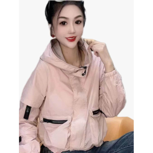 高級休閒防曬衣女長袖連帽純色雙兜拉鍊時尚百搭洋氣防曬外套