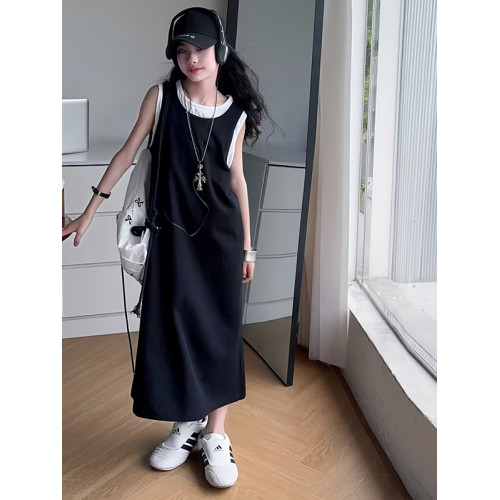 女童夏季連衣裙2025新款韓版女孩無袖背心裙中大童夏款假兩件裙子