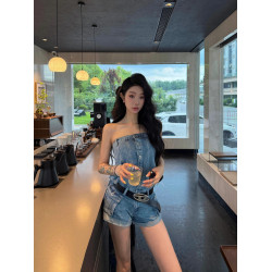 歐美辣妹風藍色牛仔抹胸連體衣女夏季新款設計感連體褲連身短褲