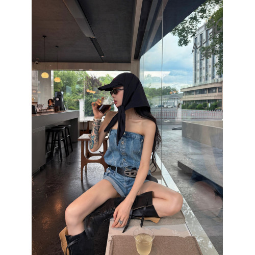 歐美辣妹風藍色牛仔抹胸連體衣女夏季新款設計感連體褲連身短褲