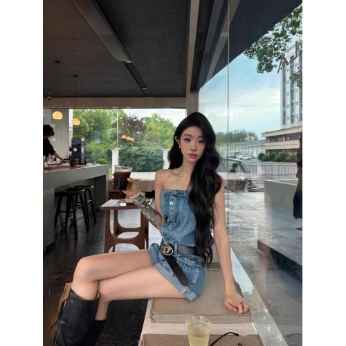 歐美辣妹風藍色牛仔抹胸連體衣女夏季新款設計感連體褲連身短褲