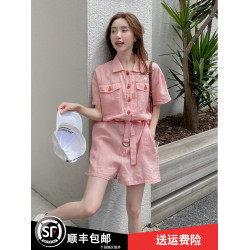 粉色連體褲夏女2025新款小個子套裝工裝薄款連衣褲濶腿短褲連體衣