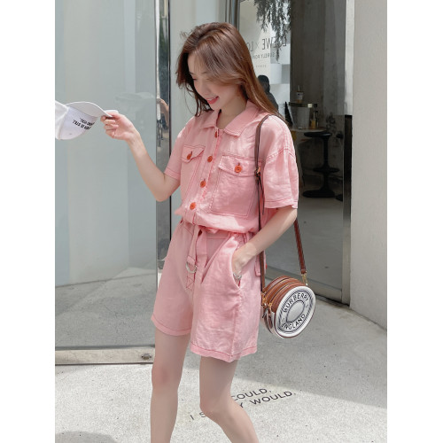 粉色連體褲夏女2025新款小個子套裝工裝薄款連衣褲濶腿短褲連體衣