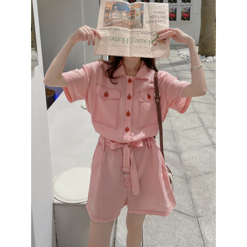 粉色連體褲夏女2025新款小個子套裝工裝薄款連衣褲濶腿短褲連體衣