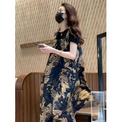 香港歐貨背帶裙夏季高級感連體衣寬松氣質印花吊帶連衣裙兩件套裝