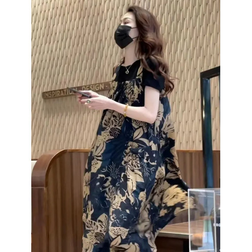香港歐貨背帶裙夏季高級感連體衣寬松氣質印花吊帶連衣裙兩件套裝