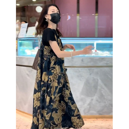 香港歐貨背帶裙夏季高級感連體衣寬松氣質印花吊帶連衣裙兩件套裝
