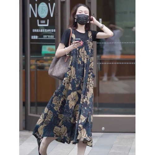 香港歐貨背帶裙夏季高級感連體衣寬松氣質印花吊帶連衣裙兩件套裝