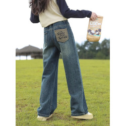 女童牛仔褲春裝2025新款大童初中生濶腿褲春季兒童直筒褲子春秋款