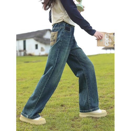 女童牛仔褲春裝2025新款大童初中生濶腿褲春季兒童直筒褲子春秋款